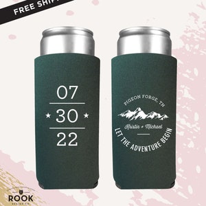 SLIM can cooler let the adventure begin, slim cooler, slim style holder, mountain wedding, adventure begins wedding, truly holder slim cans