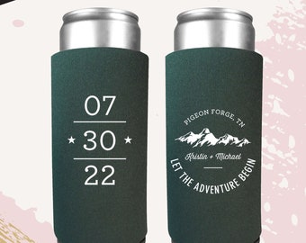 SLIM can cooler let the adventure begin, slim cooler, slim style holder, mountain wedding, adventure begins wedding, truly holder slim cans