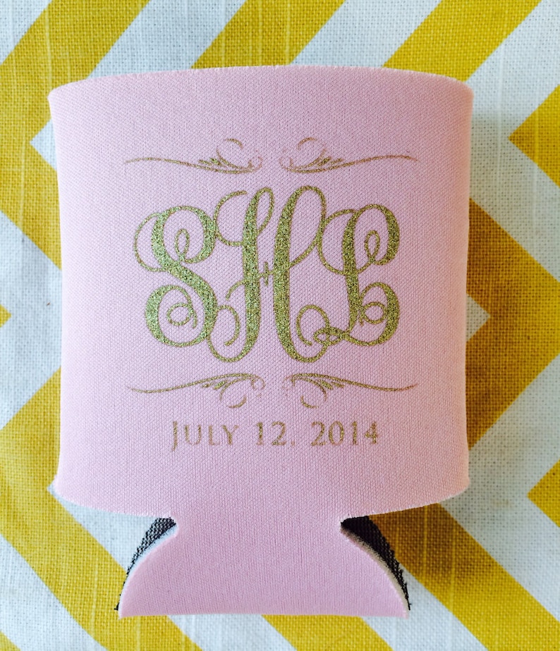 art deco theme can cooler vintage style wedding favor monogram wedding can coolie Eat Drink and Be Married Wedding Can Cooler