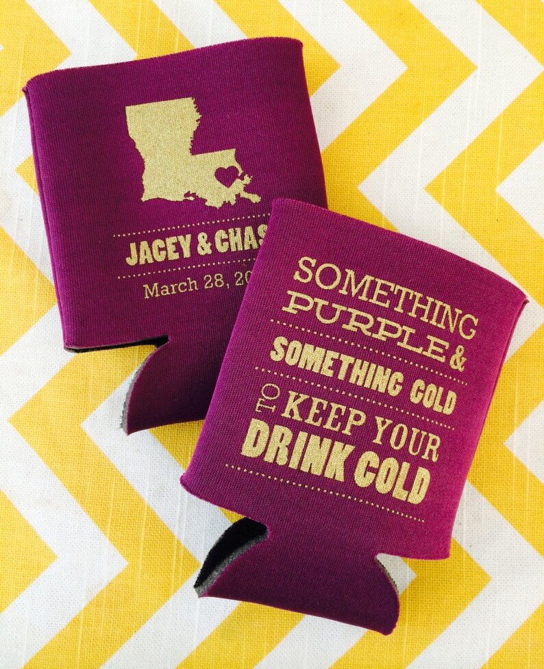 Tailgating engagement can coolers LSU Tigers Football can coolers Louisiana state outline beer holder Something Purple Gold wedding favor