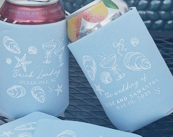 Beach Wedding Favor Customizable Can Cooler: Oyster and Seashell Design