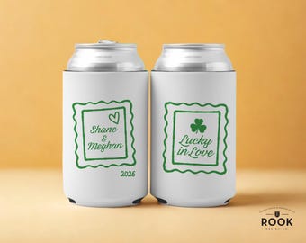 Lucky in Love postage stamp design: Celebration can coolers for wedding or engagement party or baby shower