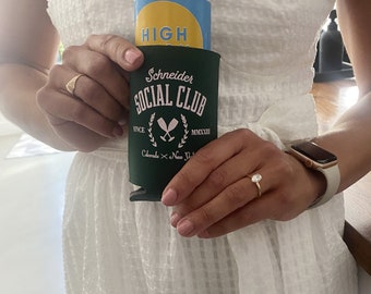 Social Club logo can coolers, friend group can coolers, country club theme, wedding favor, beer huggy, beer party favors, wedding logo K0246