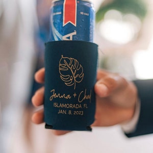 Paradise is when i'm with you wedding can cooler, monstera leaf, beach wedding favor, beer sleeve, can insulator, foam drink holder K0223 image 1