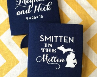 Smitten in the Mitten Wedding can coolers, Michigan wedding favors, great lakes coolies, Michigan party, smitten mitten beer holder K0038