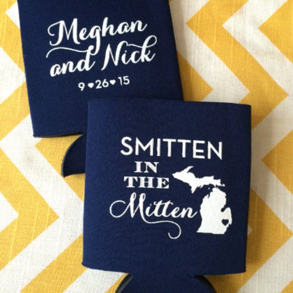 Smitten in the Mitten Wedding can coolers, Michigan wedding favors, great lakes coolies, Michigan party, smitten mitten beer holder K0038