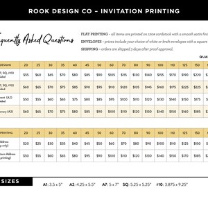 May include: A price list for invitation printing services from Rook Design Co. The chart includes prices for various quantities of invitations, announcements, and folded stationery. Envelope printing options are also listed, along with sizes such as 3.5 x 5 inches and 3.875 x 9.25 inches.