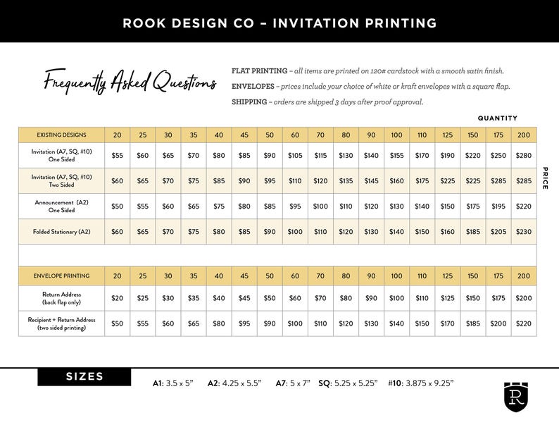 May include: A price list for invitation printing services from Rook Design Co. The chart includes prices for various quantities of invitations, announcements, and folded stationery. Envelope printing options are also listed, along with sizes such as 3.5 x 5 inches and 3.875 x 9.25 inches.
