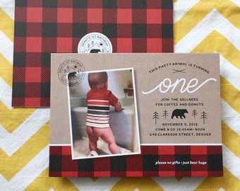 Lumberjack flannel plaid first birthday invitation, buffalo check invitation, first birthday invite, lumberjack theme party, mountain stamp