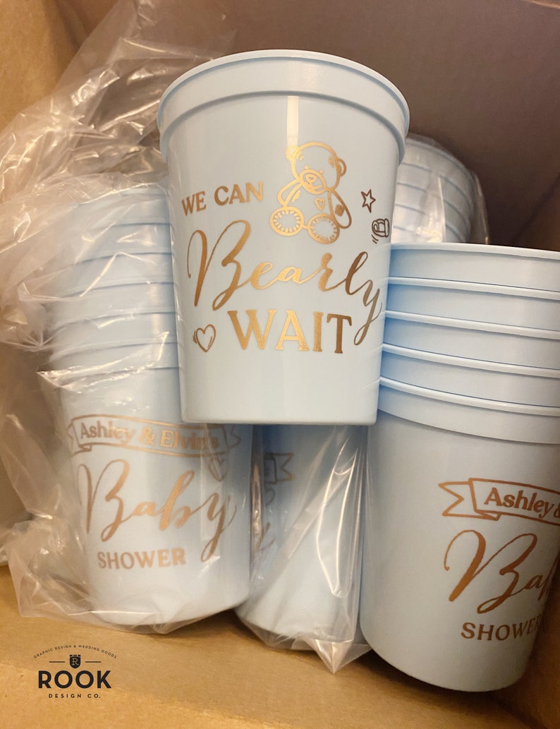 We Can Bearly Wait baby shower cup, custom baby shower cups, plastic party cups, baby shower bear theme, bearly wait for baby, baby shower image 1