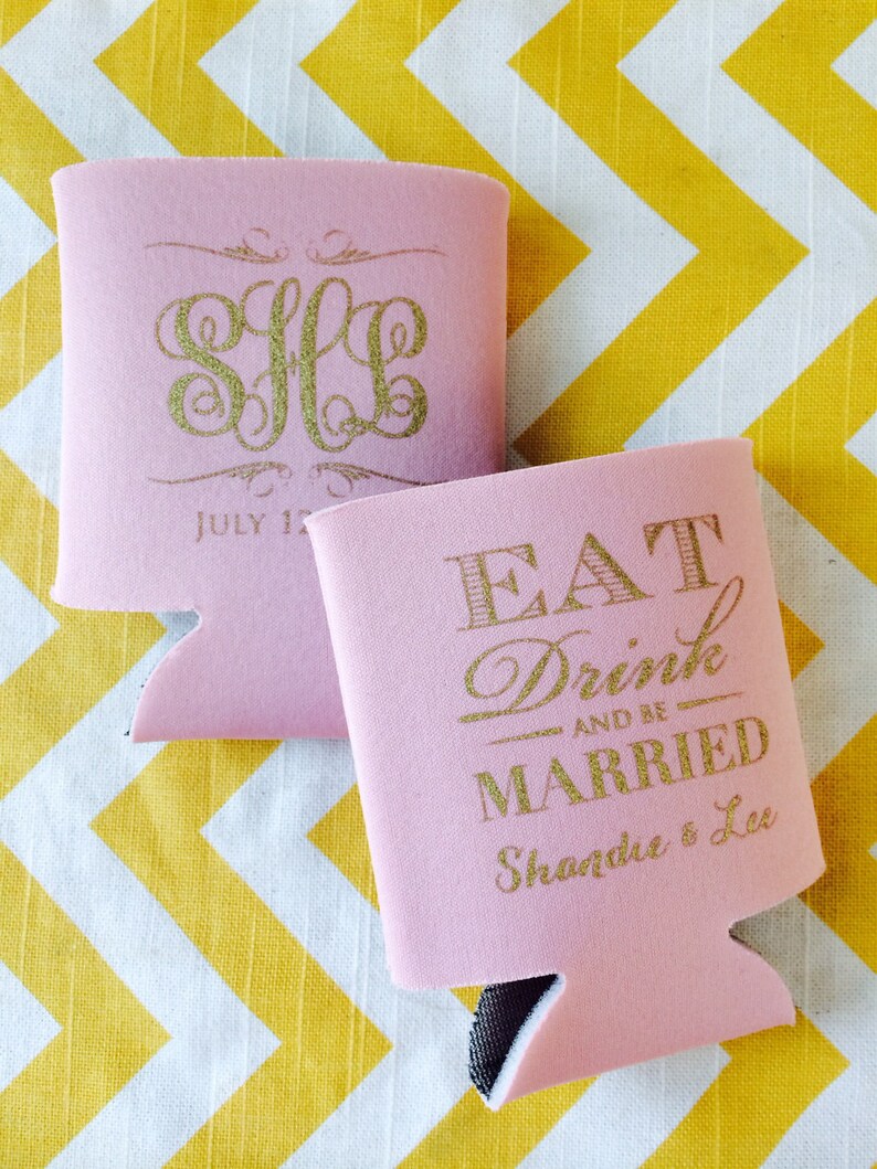art deco theme can cooler vintage style wedding favor monogram wedding can coolie Eat Drink and Be Married Wedding Can Cooler