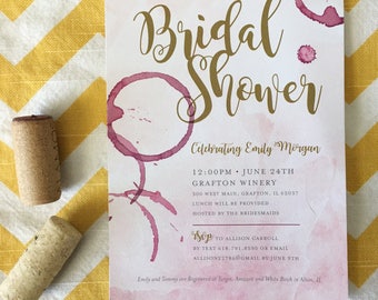 Winery Bridal Shower invitation, wine themed shower invite, wine party invitation, red wine stain invitation, winery shower, pink watercolor
