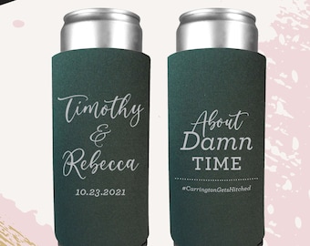 Personalized Wedding Slim Can Cooler: "About Damn Time" Seltzer Holder