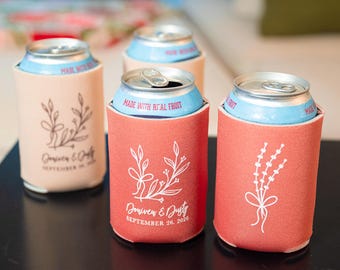 Botanical Wedding Can Cooler: Personalized Floral Favors for Guests