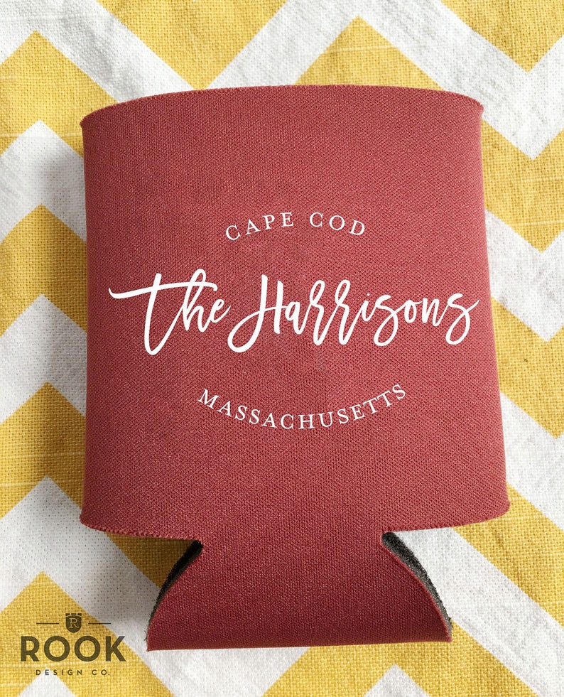 Script Name Wedding Can Cooler Classy Wedding Beer Holder Etsy
