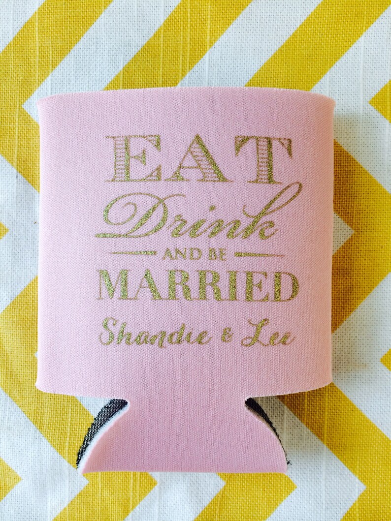 art deco theme can cooler vintage style wedding favor monogram wedding can coolie Eat Drink and Be Married Wedding Can Cooler