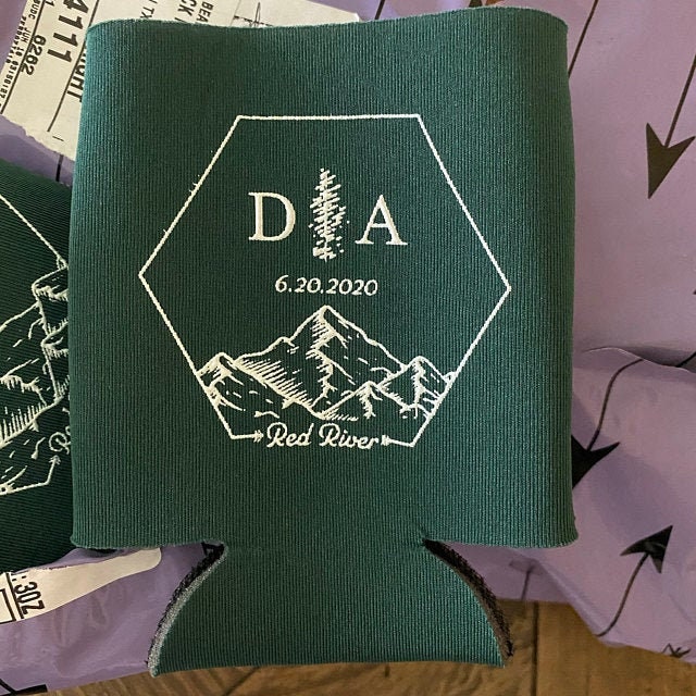 Elegant Mountain wedding can coolers, monogram wedding can cooler, personalized wedding favor, custom can coolie, wedding keepsake K0148