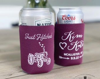 Just hitched tractor wedding can cooler, farm tractor wedding cooler, wedding favors, just hitched can cooler, wedding favor, coolies K0129