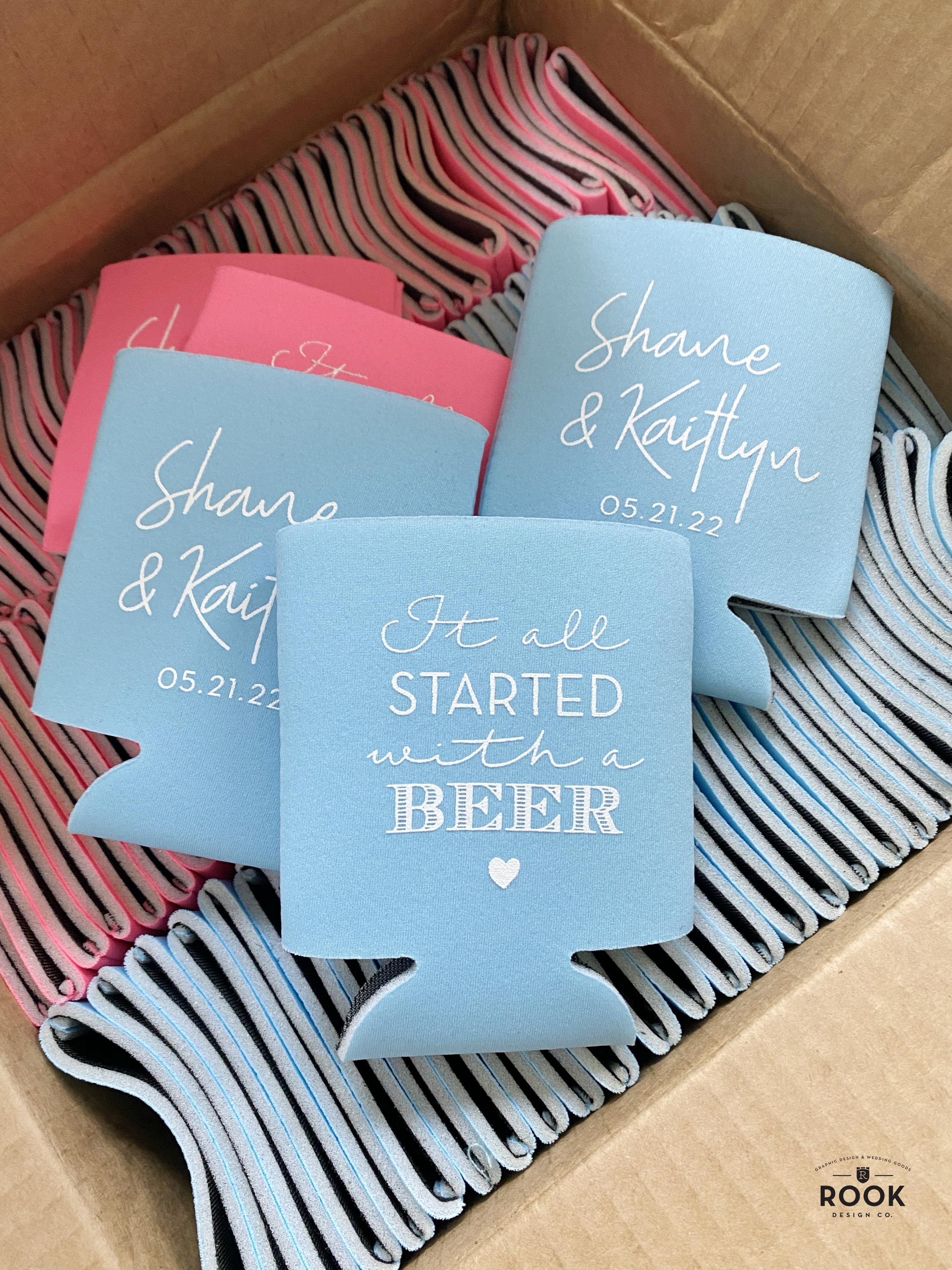 It all started with a beer can coolers, custom wedding favor, funny stubby holder, beer can coolers, foam can coolers, wedding can beer K152