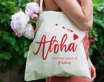 Aloha tote bag hawaii canvas tote bag Aloha Maui wedding tote destination wedding tote Getting Maui d wedding tote bridal party totes Etsy