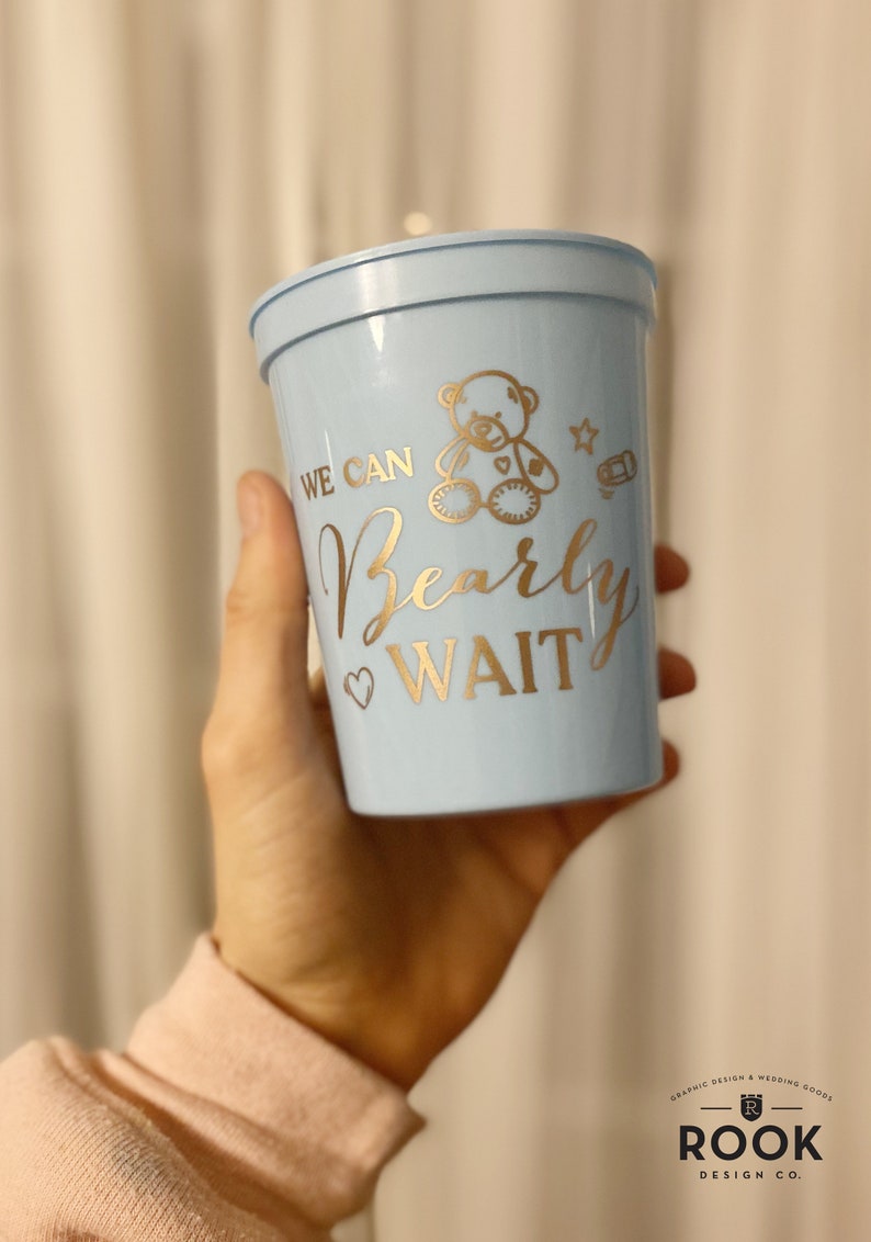 We Can Bearly Wait baby shower cup, custom baby shower cups, plastic party cups, baby shower bear theme, bearly wait for baby, baby shower image 4