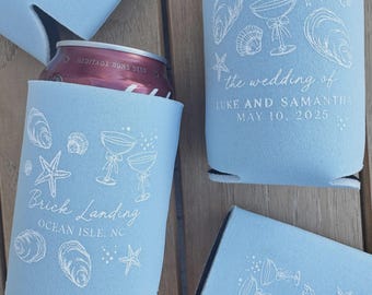 Beach Wedding Favor Customizable Can Cooler: Oyster and Seashell Design