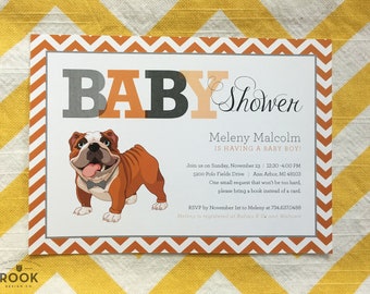 Bulldog Baby Shower Invitation with Chevron Monogram, bulldog baby shower, dog pet theme invitation, bully theme shower, baby bulldog invite