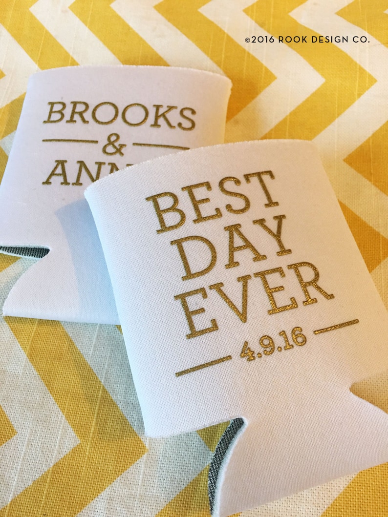 modern simple wedding stubby holder wedding beverage holder Best Day ever can coolie Best Day Ever simple wedding can coolers 100 qty