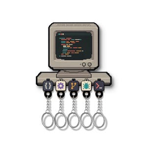 Retro Computer Wall Key Holder with 5 Coding Keychains, Pixel Art Wood Key Rack for Programmer, Developer Gift, Office Decor