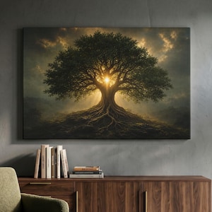 May include: A rectangular wall art print featuring a large, dense tree with exposed roots on a small hill. A bright, golden light shines from behind the center of the tree trunk, casting rays through the branches against a dark, cloudy sky.