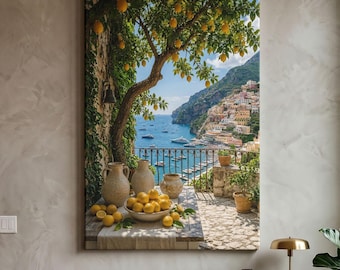 May include: A vertical wall art print depicting a coastal Mediterranean scene with a stone terrace overlooking a blue sea and hillside town. A wooden table holds a bowl of yellow lemons and two ceramic jugs under a leafy lemon tree canopy.