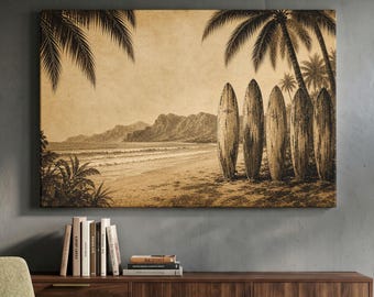 Vintage Surf Wall Art, Coastal Beach Canvas Print, Tropical Palm Tree Decor, Sepia Surfing Poster, Hawaii Landscape, Retro Ocean Art