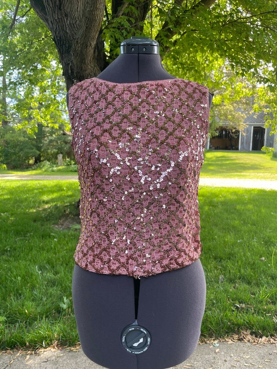 Vintage 1950s 60s Pink Sequin Sleeveless Knit Top… - image 1