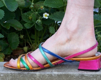 Vintage Sandals Size 6 Multi-color Metalic Leather straps, Timothy Hitsman
