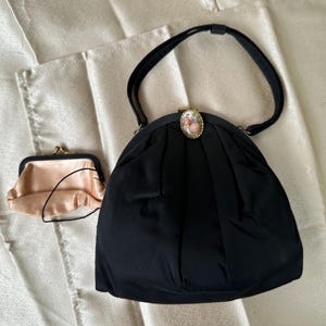 Vintage Ladies&#39; Handbag Victorian, Black Silk, Strap Handle, Cameo Clasp