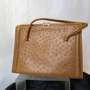 Vintage Genuine Ostrich Skin Handbag, 1950s-60s Golden Brown Double Strap Handles