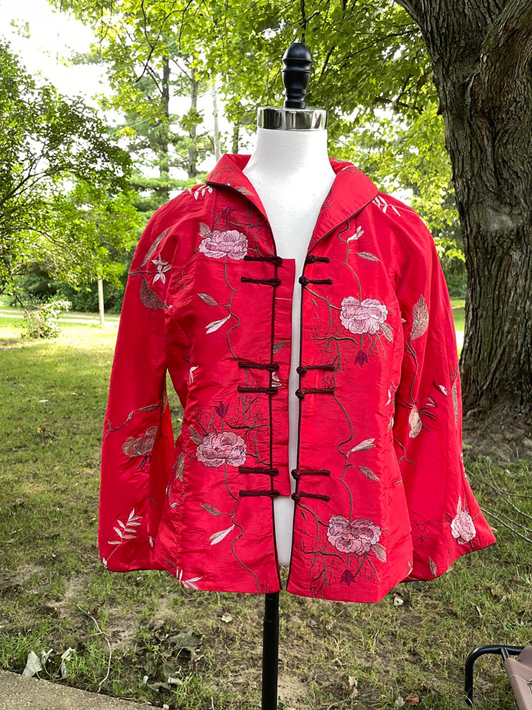 Vintage Red Chinese Embroidered Jacket Hip Length, Frog Closures
