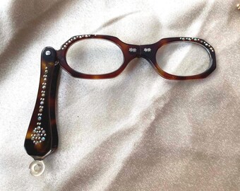 Vintage Lorgnette Readers Tortoise Shell Rhinestones Folding Glasses Mid Century