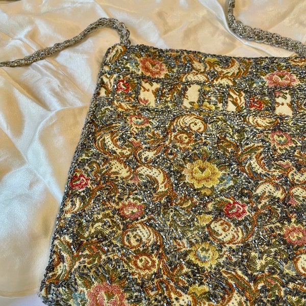 Vintage 2000s Beaded Brocade Shoulder Bag, Cross-body Formal Glamour, Simply Beautiful, multi-colored but muted