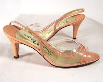Vintage Ladies Shoes 1960s, Size 6, Stanley Philipson, Pink Leather & Transparent Vinyl