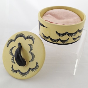Vintage Powder Box 1930s-40s, Hand painted ceramic, With Original Puff, Mid Century Modern