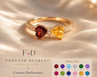 Twin Heart Toi et Moi Ring, S925 or Copper, Personalized Birthstone Pair with Round Center Accents, Custom Promise Band for Couples• FDR21