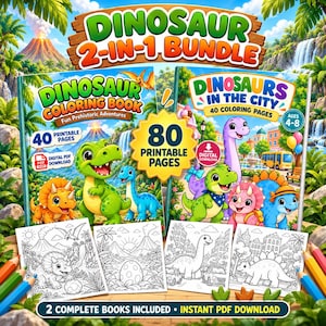 Puede incluir: Un paquete 2 en 1 de dinosaurios que incluye dos libros para colorear titulados Dinosaur Coloring Book y Dinosaurs in the City. El set contiene 80 páginas imprimibles, opciones de descarga en PDF y coloridas ilustraciones de dinosaurios.