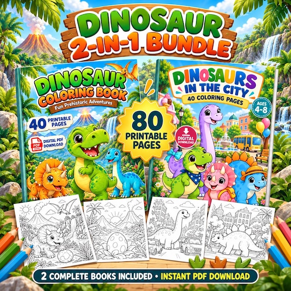 Dinosaur Coloring Book Bundle for Kids, 80 Printable Dino Pages, 2 in 1 Activity PDF