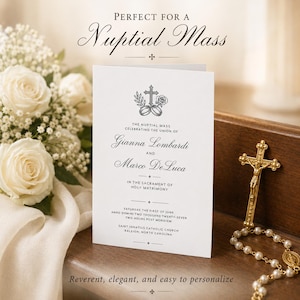May include: A white wedding program card featuring black text and a cross with rings graphic. The text reads: PERFECT FOR A NUPTIAL MASS, THE NUPTIAL MASS CELEBRATING THE UNION OF GIANNA LOMBARDI AND MARCO DELUCA IN THE SACRAMENT OF HOLY MATRIMONY.