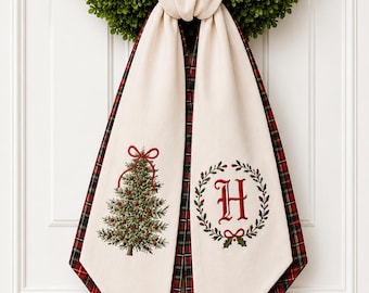 Christmas Wreath Sash, Personalized Pink Stripe Monogram Door Sash, Embroidered Noel Wreath Bow, Christmas Bow Tree Holiday Door Decor
