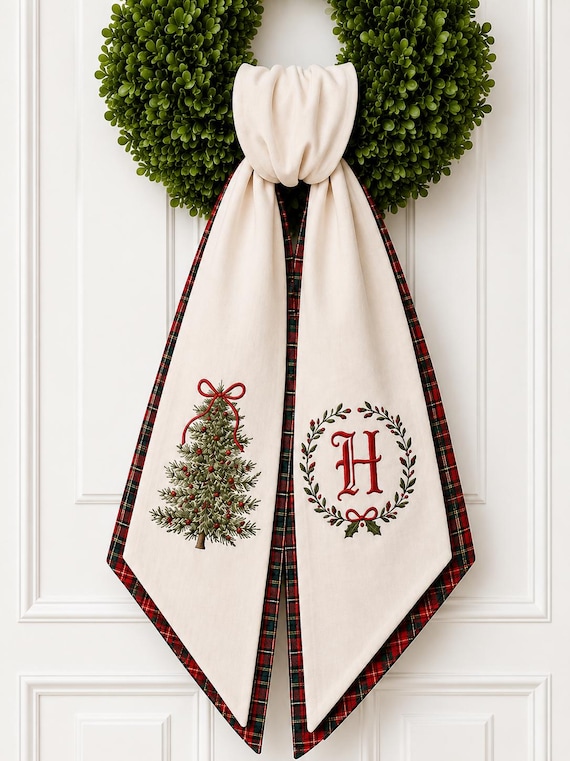 Christmas Wreath Sash, Personalized Pink Stripe Monogram Door Sash, Embroidered Noel Wreath Bow, Christmas Bow Tree Holiday Door Decor