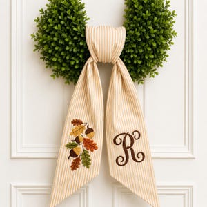 Thanksgiving Wreath Sash, Personalized Seasonal Autumn Leaf Monogram Door Sash, Embroidered Fall Wreath Bow, Autumn Door Decor