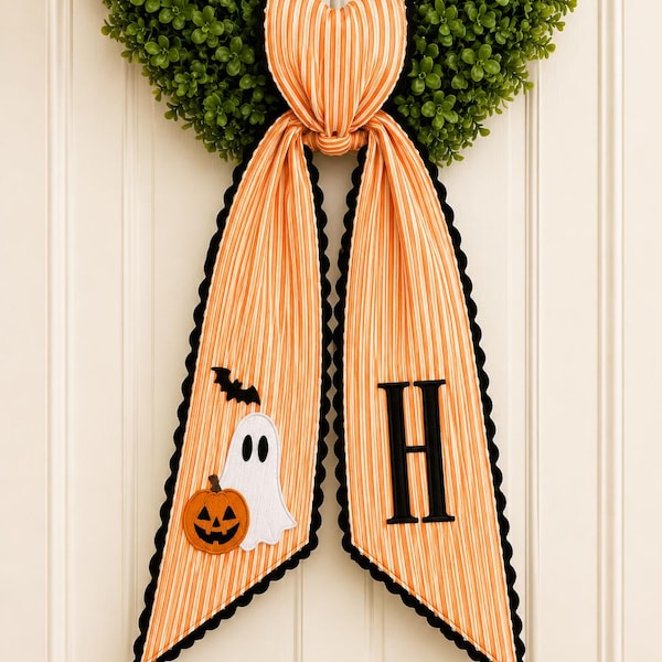 Halloween Wreath Sash, Personalized Seasonal Pumpkin Monogram Door Sash, Boo Embroidered Fall Wreath Bow, Autumn Door Decor
