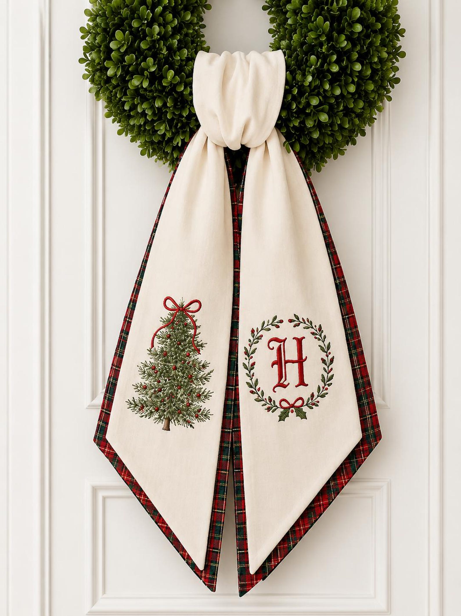 Christmas Wreath Sash, Personalized Pink Stripe Monogram Door Sash, Embroidered Noel Wreath Bow, Christmas Bow Tree Holiday Door Decor - Design & Monogram, Red Plaid